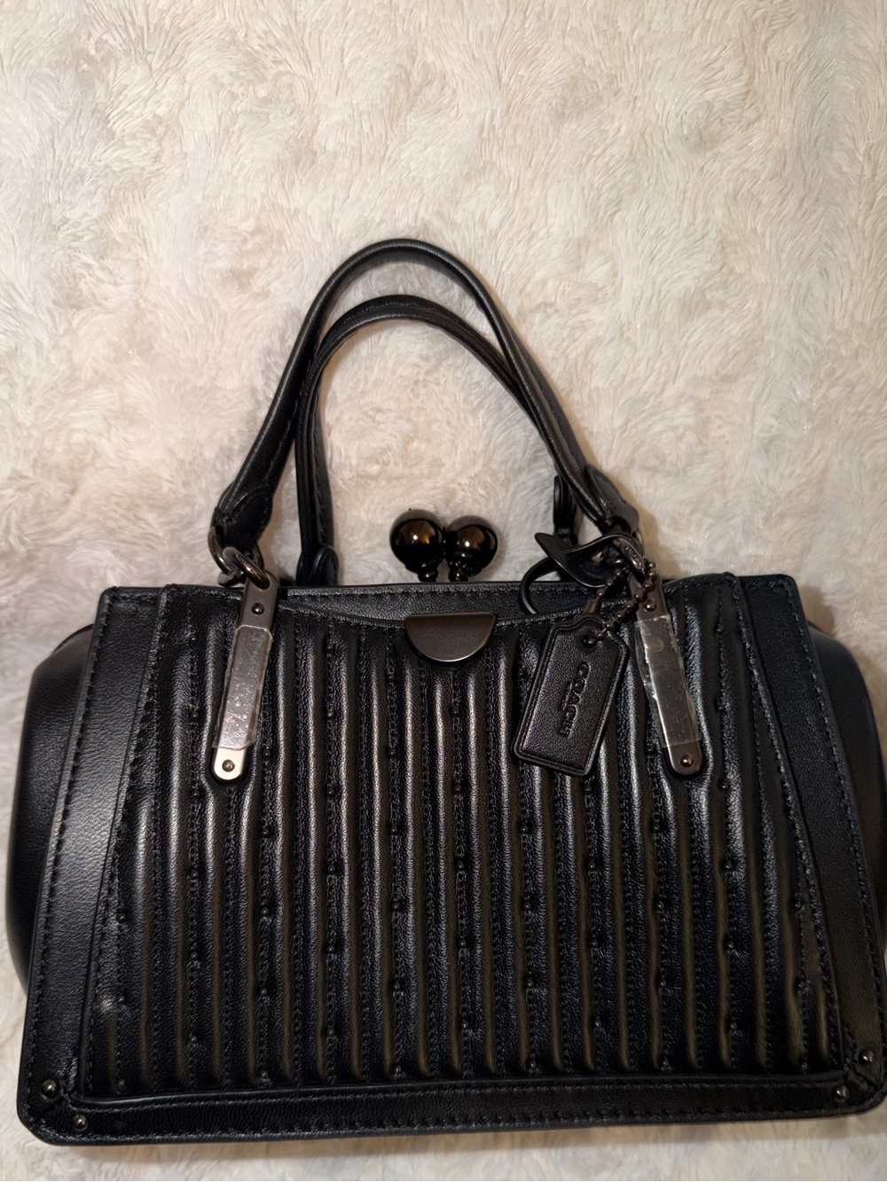 Coach Black Ribbed Leather Satchel with Double Top Handles
